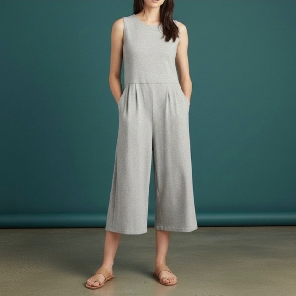 EILEEN FISHER Wide Leg Knit Crop Jumpsuit M Gray Pockets Moon $278
